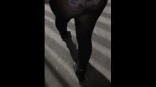 Black Tights with Floral Panties Walking in Public Park