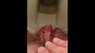 Rubbing my Pissing, Hairy Pussy on a Dirty Toilet after Holding