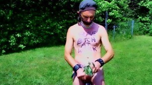 naked slave outdoor public urethra sounding with nettle BDSM
