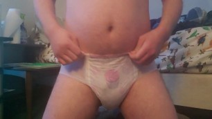 Diapered Boy Pees and Cums in 2 Week Old Diapers