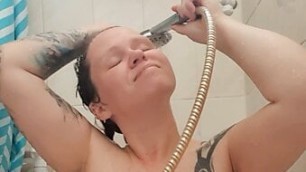 Morning shower and hair washing, soapy big tits
